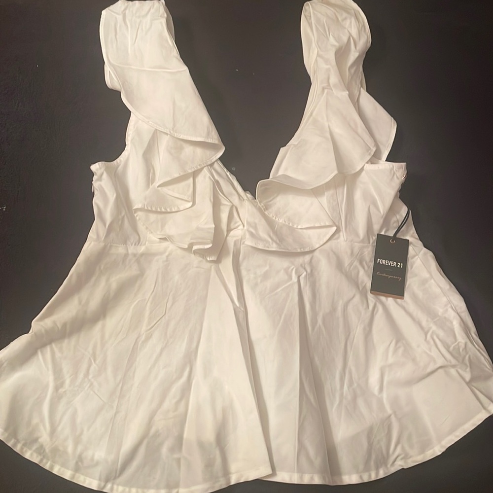 Forever 21 Large Contemporary white Deep V Ruffle Blouse - Sleeveless